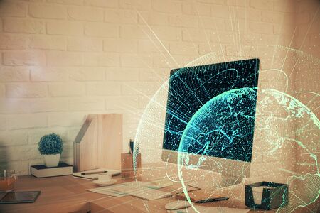 Double exposure of social network theme drawing and office interior background. Concept of web.の写真素材