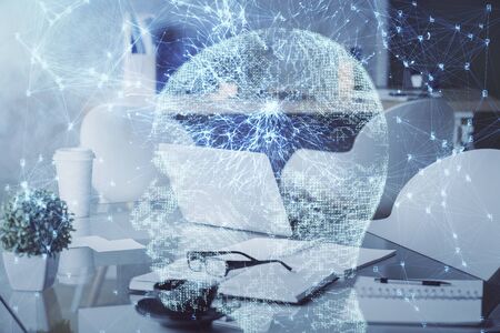 Double exposure of brain drawing and office interior background. Concept of data technology.の写真素材
