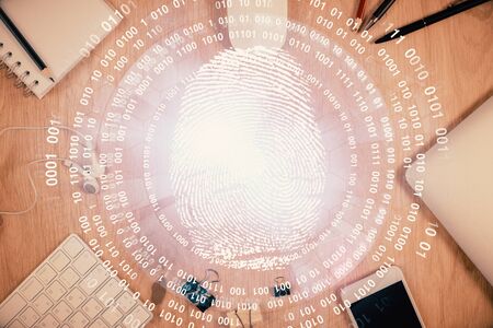 Double exposure of finger print over table with phone. Top view. Concept of mobile security.の写真素材