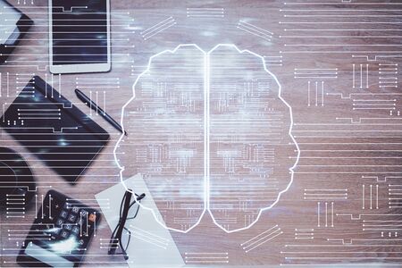 Double exposure of brain sketch and table top veiw. Concept of data analysis.
