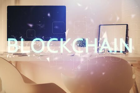Double exposure of crypto technology theme drawing and office interior background. Concept of blockchain.の写真素材