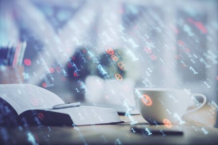 Multi exposure of technology theme drawing and desktop with coffee and items on table background. Concept of data research.の写真素材
