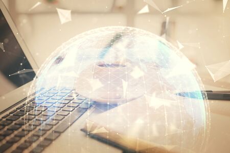 Double exposure of business theme drawing and desktop with coffee and items on table background. Concept of market tradingの写真素材