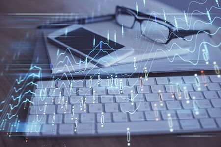 Double exposure of forex chart drawing and cell phone background. Concept of financial trading