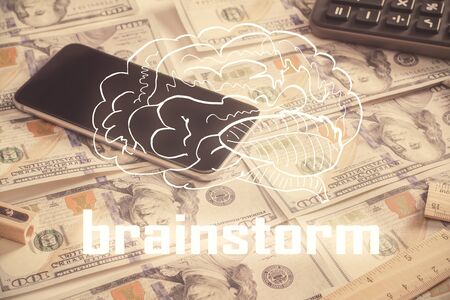 Double exposure of startup drawing over usa dollars bill background. Young business concept.の写真素材
