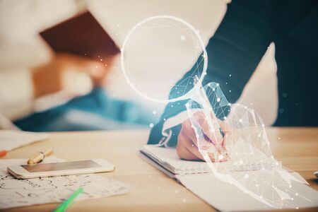 Double exposure of creative drawing over people taking notes background. Concept of startupの写真素材