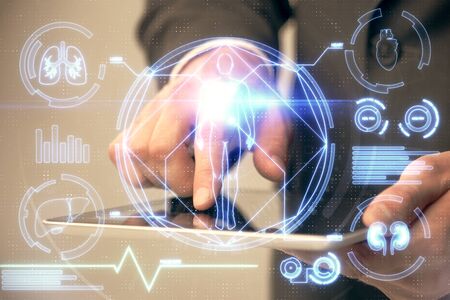 Double exposure of man's hands holding and using a phone and education theme drawing.