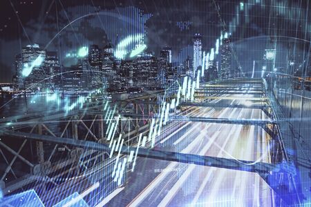 Forex chart on cityscape with tall buildings background multi exposure. Financial research concept.