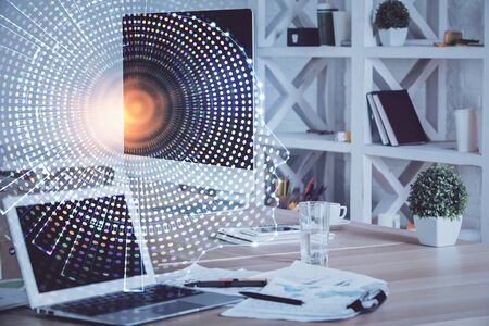 Double exposure of work table with computer and brain sketch hologram. Brainstorming concept.の写真素材