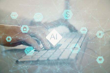 Double exposure of data internet theme hologram with man working on computer on background. Concept of innovation.の写真素材