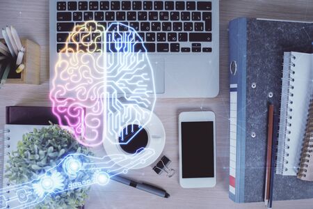 Double exposure of brain drawing over work table desktop. Top view. Global data analysis concept.