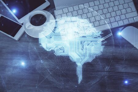 Multi exposure of brain drawing over work table desktop. Top view. Global data analysis concept.の写真素材