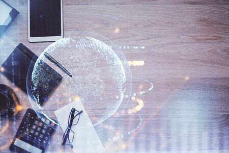 Double exposure of map sketch and table top veiw. Concept of international data.の写真素材