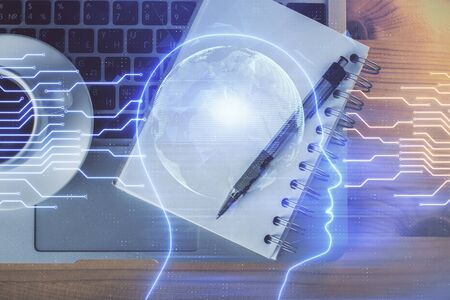 Double exposure of brain sketch and table top veiw. Concept of data analysis.