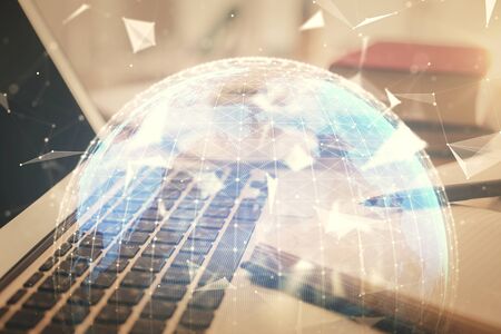 Double exposure of business theme drawing and desktop with coffee and items on table background. Concept of market tradingの写真素材