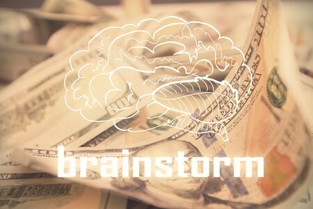 Double exposure of startup drawing over usa dollars bill background. Young business concept.の写真素材