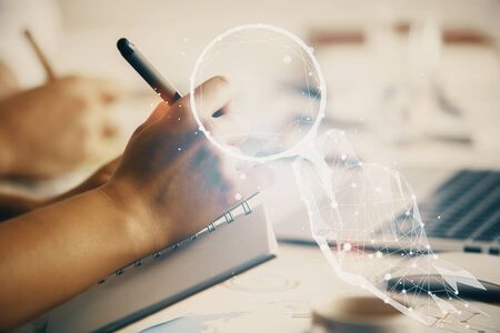 Double exposure of creative drawing over people taking notes background. Concept of startupの写真素材
