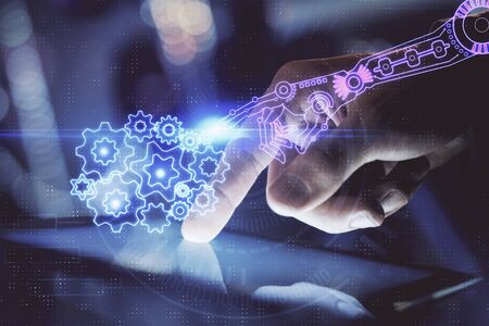 Multi exposure of man's hand holding and using a digital device and data theme drawing. Innovation...