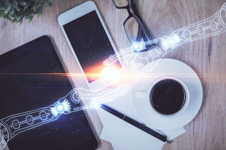 Double exposure of technology theme drawing over work table desktop. Top view. Global data analysis concept.の写真素材
