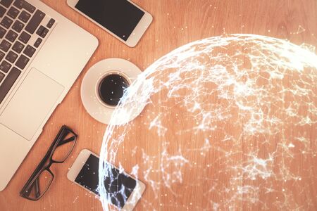 Double exposure of social network theme drawing over table with phone. Top view. People connecting...