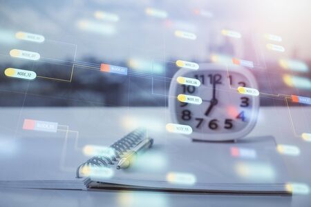 Multi exposure of data theme drawings and desk with open notebook background. Concept of educationの写真素材