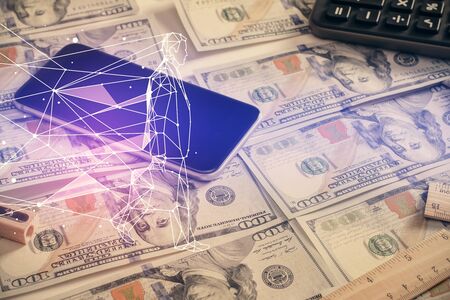 Double exposure of startup drawing over usa dollars bill background. Young business concept.の写真素材