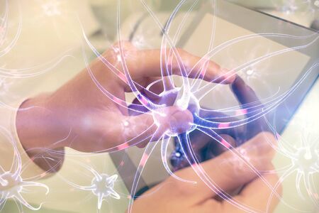 Double exposure of mans hands holding and using a phone and neuron drawing. Education concept.