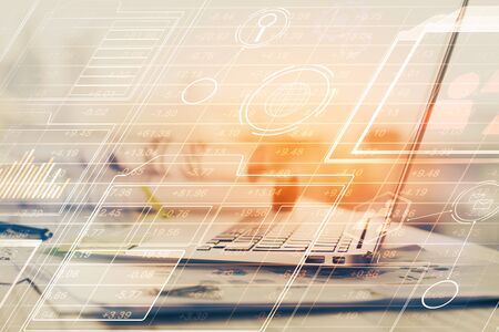 Double exposure of computer and technology theme hologram. Concept of freelance work.