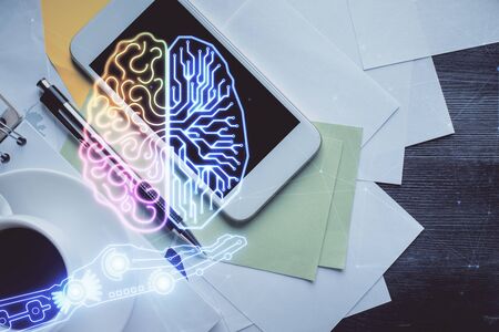 Double exposure of brain drawing over work table desktop. Top view. Global data analysis concept.