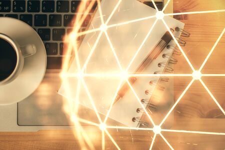 Double exposure of social network theme drawing and work table top veiw. Concept of international...