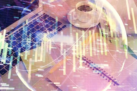 Double exposure of business theme drawing and desktop with coffee and items on table background. Concept of market tradingの写真素材