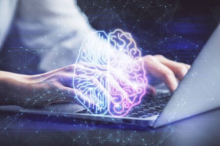 Multi exposure of woman hands working on computer and human brain hologram drawing. Ai tech concept.