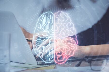 Multi exposure of woman hands working on computer and brain hologram drawing. Ai concept.