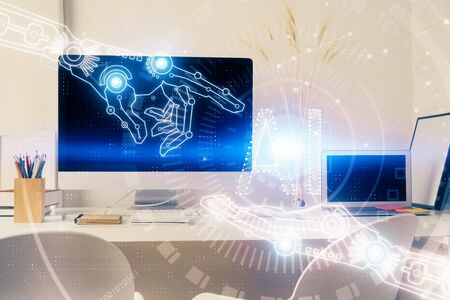 Double exposure of desktop with personal computer on background and tech theme drawing. Concept of Bigdata.の写真素材