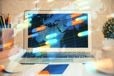 Double exposure of desktop with personal computer on background and tech theme drawing. Concept of Bigdata.の写真素材