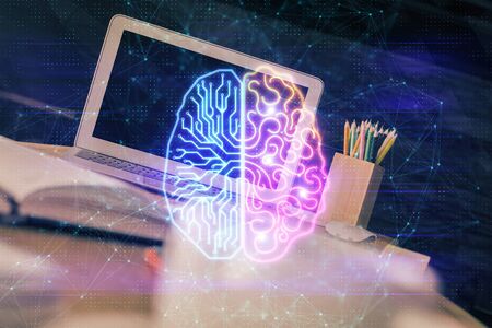 Multi exposure of work space with computer and human brain hologram. Brainstorm concept.の写真素材