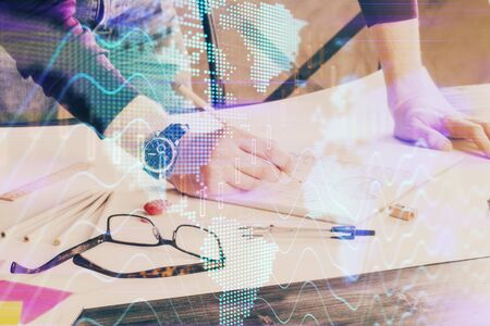 Multi exposure of man standing and planing investment with stock market forex chart background. Concept of research and trading.の写真素材