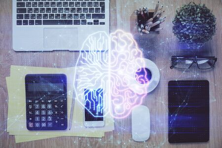 Multi exposure of brain drawing over work table desktop. Top view. Global data analysis concept.