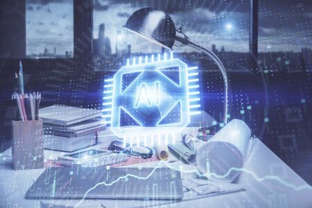 Double exposure of data theme drawing and office interior background. Concept of technology.