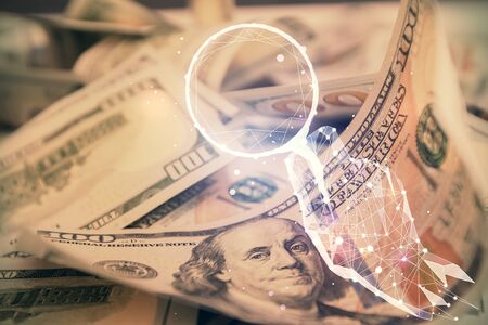 Double exposure of startup drawing over usa dollars bill background. Young business concept.の写真素材