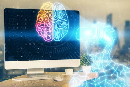 Computer on desktop with AR theme icon. Multi exposure. Concept of augmented reality.