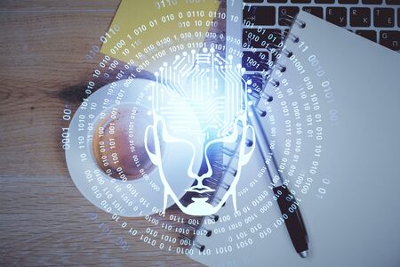 Multi exposure of brain sketch hologram over topview work table background with computer. Concept of...