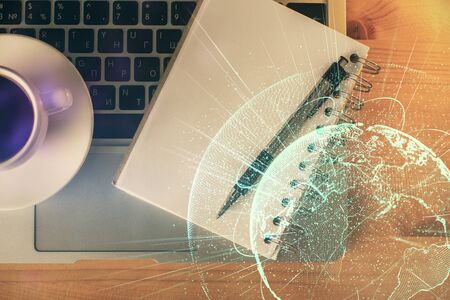 Double exposure of social network theme drawing and work table top veiw. Concept of international...