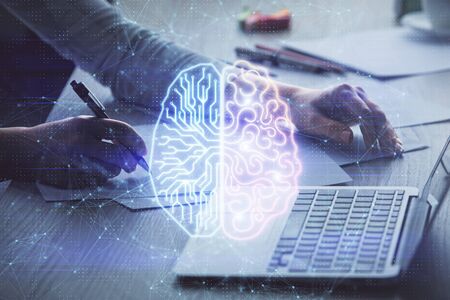 Multi exposure of woman hands working on computer and human brain hologram drawing. Ai tech concept.