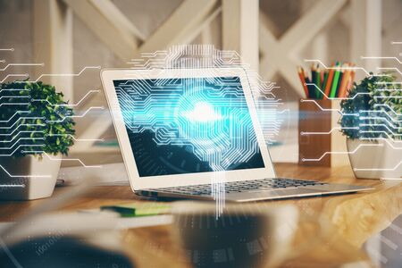 Double exposure of desktop computer and human brain drawing hologram. Ai concept.