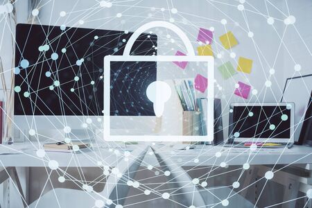 Multi exposure of lock drawing and office interior background. Concept of data security.