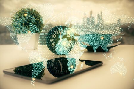 Double exposure of financial graph drawing and cell phone background. Concept of forex tradingの写真素材