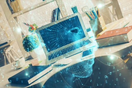 Double exposure of work space with computer and human brain drawing hologram. Brainstorm concept.の写真素材