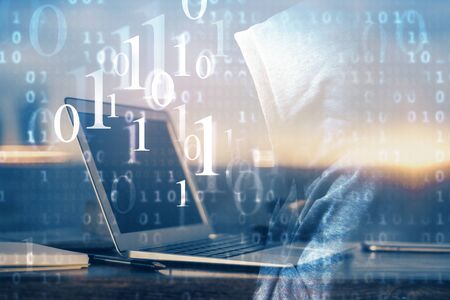 Double exposure of computer and technology theme hologram. Concept of freelance work.