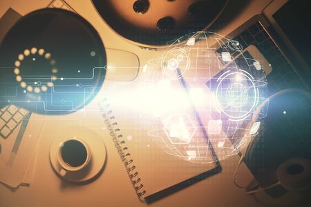 Double exposure of social network theme drawing and work table top veiw. Concept of international connection.の写真素材